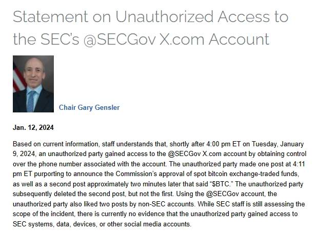 Tuyên bố được đăng tải trên trang web chính thức của SEC